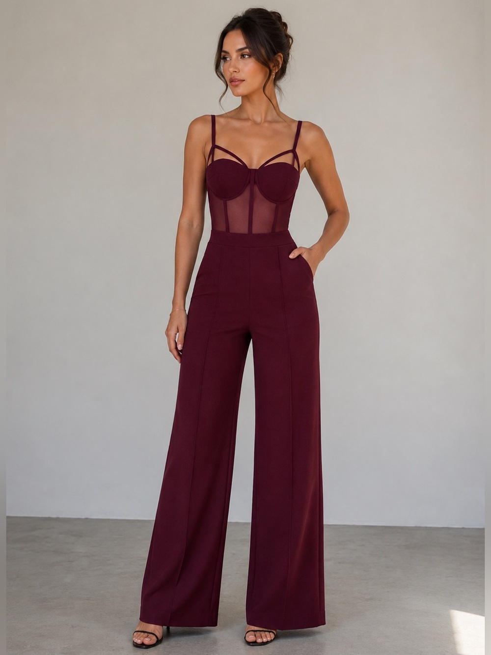 70-‎ NEW Burgundy Mesh Corset Wide Leg Jumpsuit Elegant Night Out Look